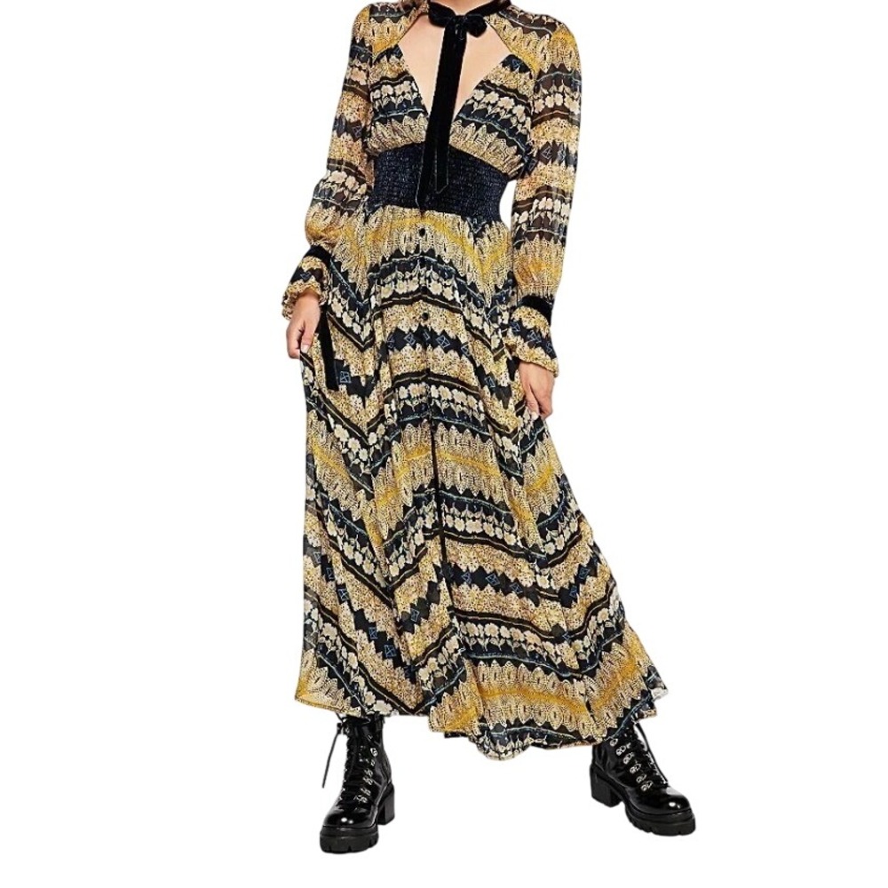 Free People Rare Feelings Maxi Dress Yellow Black Boho Velvet Trim Size M